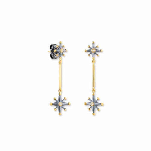 Starburst Gold & Oxidized Silver Dangle Earrings with Diamond by Lika Behar