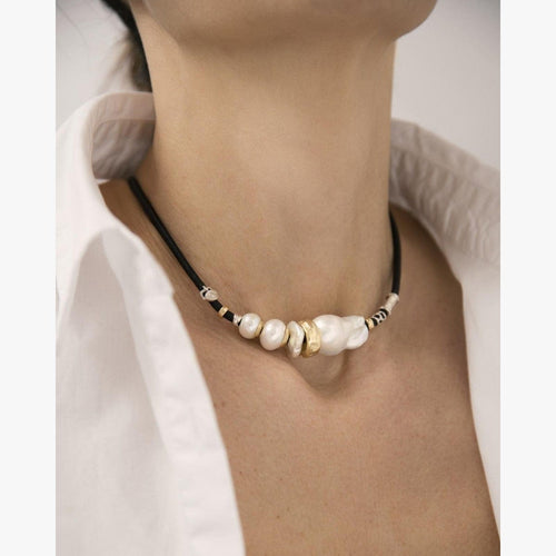 3 mm Leather Necklace with Handmade Gold Elements, Silver, Freshwater Pearls and Baroque Pearl - C2053-Misani Milano-Renee Taylor Gallery