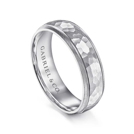 14K White Gold 6mm - Men's Wedding Band in Hammered Finish - MBL0106-60W4JJJ-Gabriel & Co.-Renee Taylor Gallery