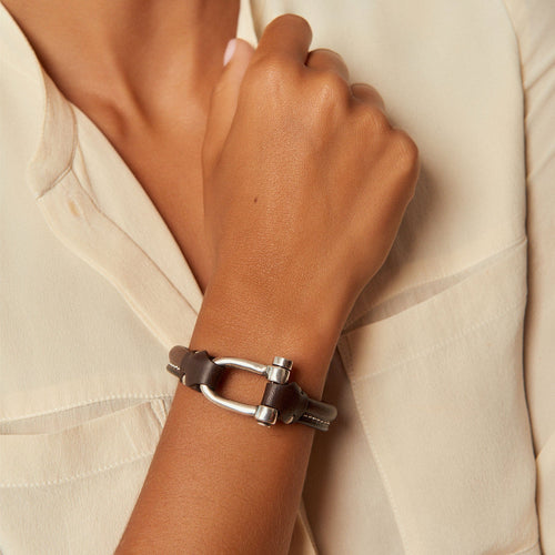 Shackle Icon Bracelet - Silver Plated, Brown Leather - B0009 MMR-CXC-Renee Taylor Gallery