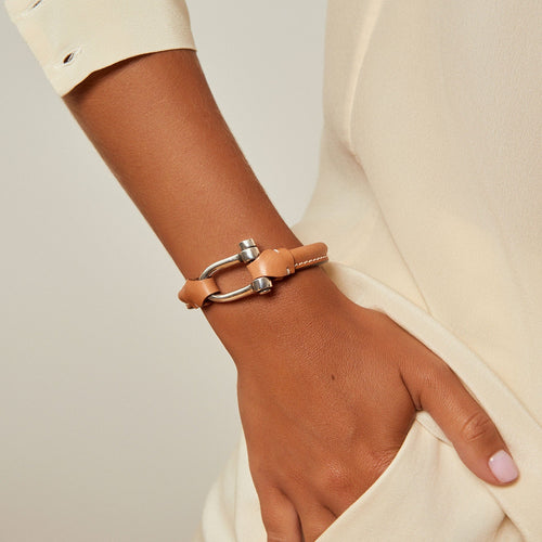Shackle Icon Bracelet - Silver Plated, Camel Leather - B0009 MCA-CXC-Renee Taylor Gallery