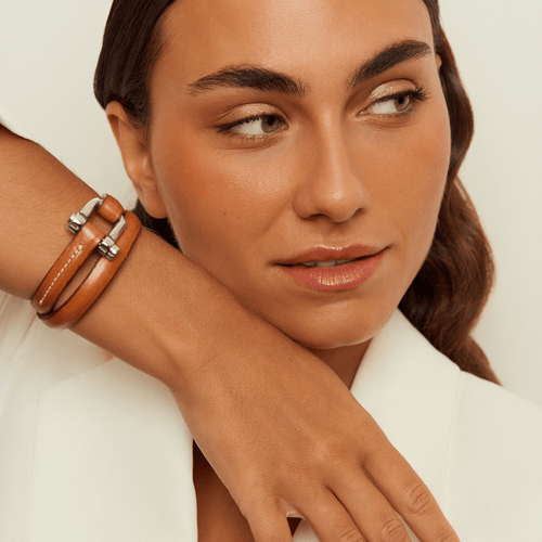 Shackle Bracelet Roll - Silver Plated, Camel Leather - B0021 MCA-CXC-Renee Taylor Gallery