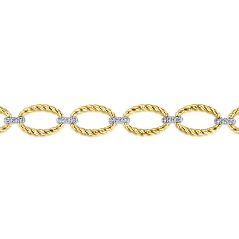 14K Yellow-White Gold Twisted Rope Oval Link Bracelet with Diamond Connectors - TB4273M45JJ-Gabriel & Co.-Renee Taylor Gallery