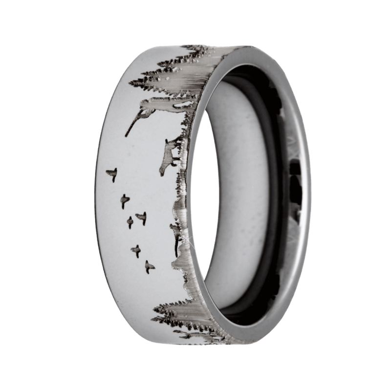 8mm Tungsten Polished Flat Ring with Deep Hunting Engraving – K8TU101:ENG-HNT-Heavy Stone-Renee Taylor Gallery