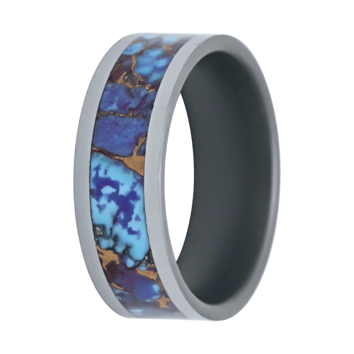 8MM Tungsten Flat Polished w/ 5mm Solid Blue Turquoise + Purple Turquoise & Brass Blended Stone Center Inlay - 8TU101:TQ5+PRT+BRS-Heavy Stone-Renee Taylor Gallery
