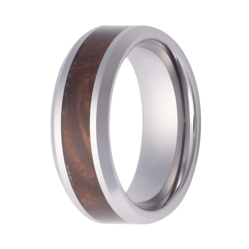 8mm Tungsten High-Polish Beveled Ring with Burl Wood Inlay – K8TU125:BRL4-Heavy Stone-Renee Taylor Gallery