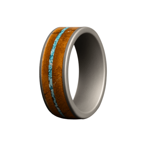8MM Tungsten Flat Matte Ring w/ Honey Burl & Blue Turquoise Inlay - 8TU601:(HBL5/CT1-OF)-Heavy Stone-Renee Taylor Gallery
