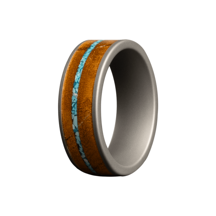 8MM Tungsten Flat Matte Ring w/ Honey Burl & Blue Turquoise Inlay - 8TU601:(HBL5/CT1-OF)-Heavy Stone-Renee Taylor Gallery