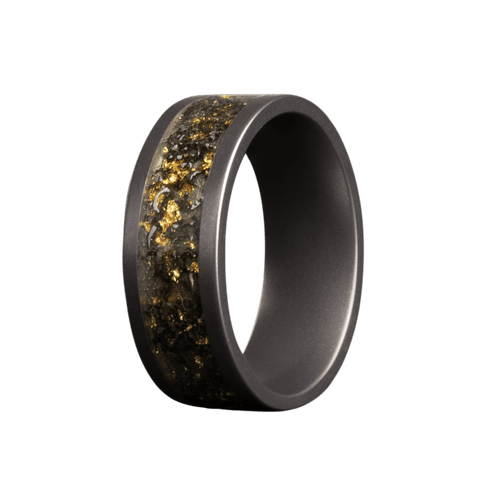 8mm Tungsten Matte Flat Ring with Black Sand, Crushed Meteorite, and Gold Leaf Inlay – K8TU601:BKSND5+MT+GL-Heavy Stone-Renee Taylor Gallery