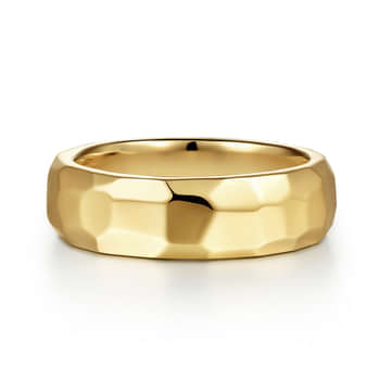 14K Yellow Gold 7mm - Hammered Men's Wedding Band in High Polished Finish - MBH0222-70Y4JJJ-Gabriel & Co.-Renee Taylor Gallery