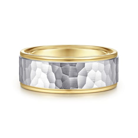 14K White-Yellow Gold 8mm - Hammered Men's Wedding Band - MBM0129-80M4JJJ-Gabriel & Co.-Renee Taylor Gallery