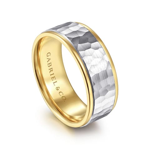 14K White-Yellow Gold 8mm - Hammered Men's Wedding Band - MBM0129-80M4JJJ-Gabriel & Co.-Renee Taylor Gallery