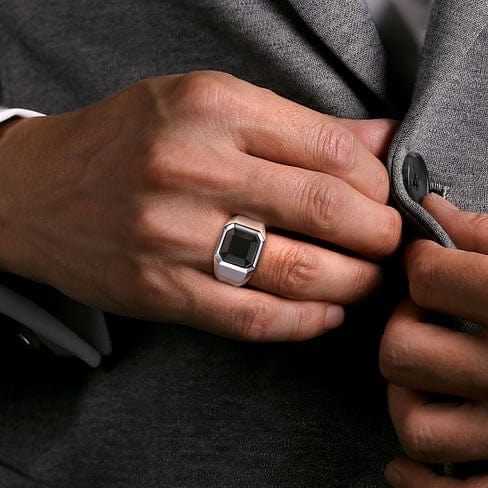925 Sterling Silver Signet Ring Wide with Faceted Onyx Stone in Sand Blast Finish - MR20028SVJOX-Gabriel & Co.-Renee Taylor Gallery