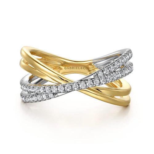 14K White and Yellow Gold Diamond Wide Band Criss Cross Ring - LR52583M45JJ-Gabriel & Co.-Renee Taylor Gallery