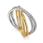 14K White and Yellow Gold Diamond Wide Band Criss Cross Ring - LR52583M45JJ-Gabriel & Co.-Renee Taylor Gallery