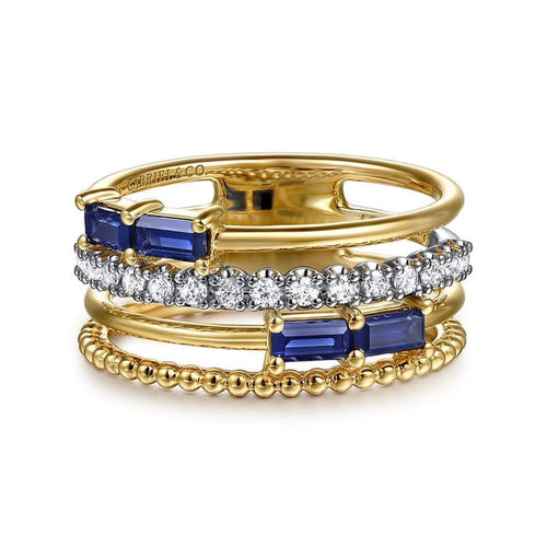 14K White and Yellow Gold Diamond and Blue Sapphire Wide Band Easy-Stack Ring - LR52769M45SA-Gabriel & Co.-Renee Taylor Gallery