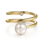 Wide Band Wrap Ring 14K Yellow Gold Diamond and Pearl 0.02ct – LR52679Y45PL-Gabriel & Co.-Renee Taylor Gallery
