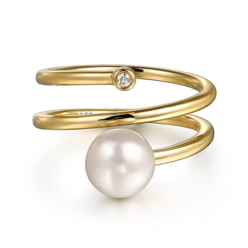 Wide Band Wrap Ring 14K Yellow Gold Diamond and Pearl 0.02ct – LR52679Y45PL-Gabriel & Co.-Renee Taylor Gallery