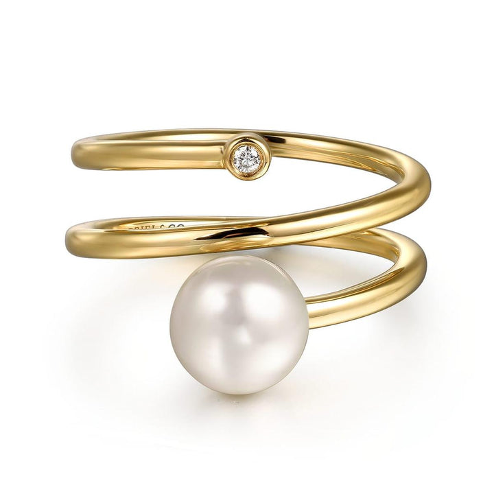 Wide Band Wrap Ring 14K Yellow Gold Diamond and Pearl 0.02ct – LR52679Y45PL-Gabriel & Co.-Renee Taylor Gallery