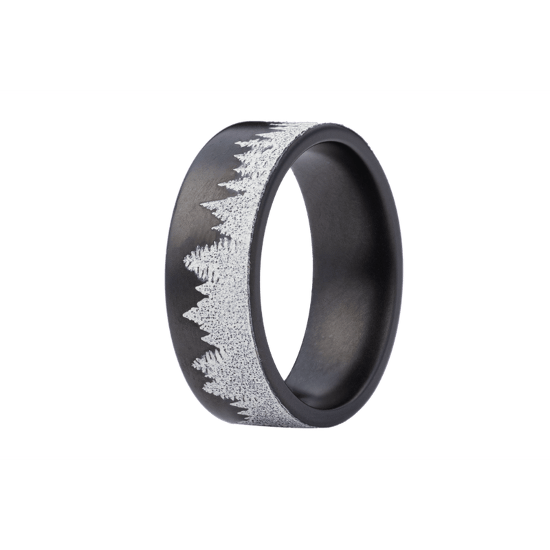 8mm Zirconium Matte Flat Ring with White Cerakote Pine Tree Engraving – K8Z601:ENG-PNT+CKWH-Heavy Stone-Renee Taylor Gallery