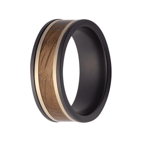 8MM Zirconium Flat Matte Ring with 14K Yellow Gold and Whiskey Barrel Wood Inlays – 8Z601:(Y1/WHK4/Y1)-Heavy Stone-Renee Taylor Gallery