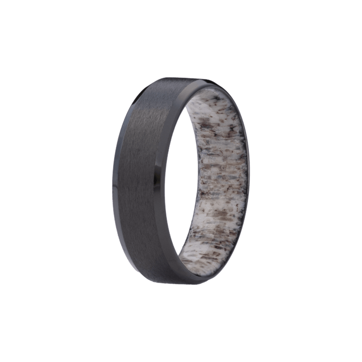 7mm Zirconium Satin Beveled Ring with Polished Edges and Elk Antler Interior Sleeve – 7ZANT107-Heavy Stone-Renee Taylor Gallery