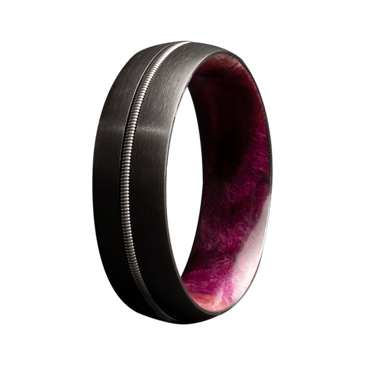 7mm Zirconium Satin Dome Ring with Silver Guitar String Inlay and Pink Burl Wood Sleeve – 7ZWD133:PKBRL/SGS-Heavy Stone-Renee Taylor Gallery