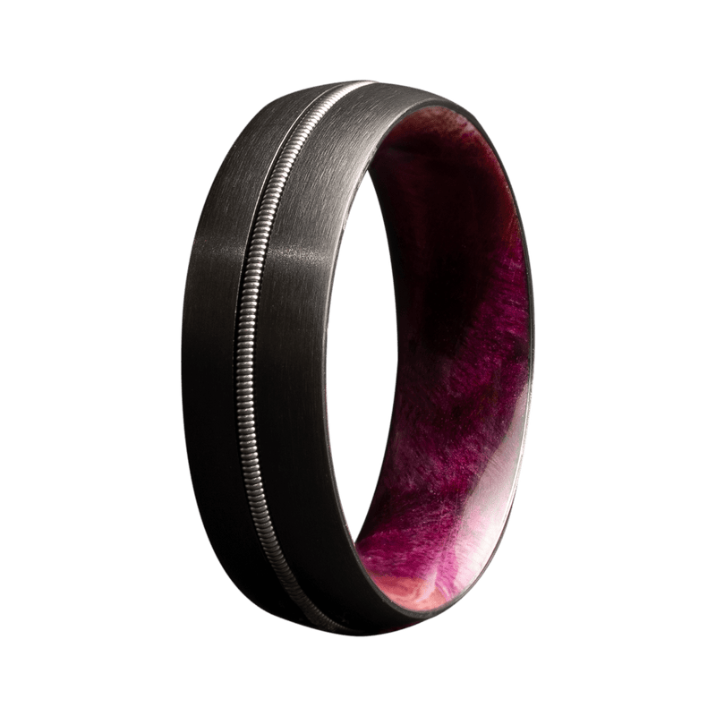 7mm Zirconium Satin Dome Ring with Silver Guitar String Inlay and Pink Burl Wood Sleeve – K7ZWD133:PKBRL/SGS-Heavy Stone-Renee Taylor Gallery