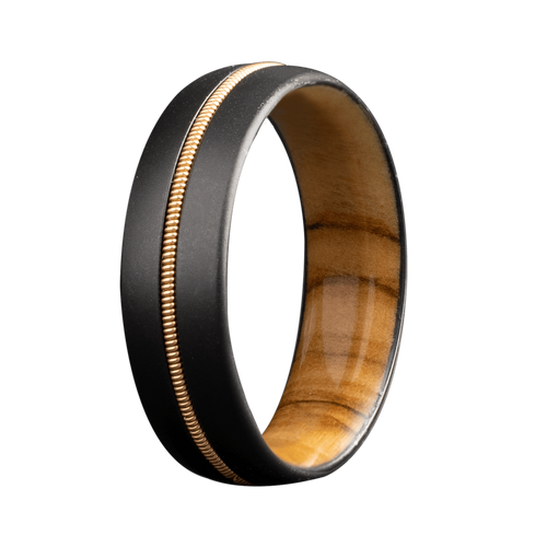7mm Zirconium Matte Dome Ring with Bronze Guitar String Inlay and Olive Wood Sleeve – ZWD611:OLV/BGS1-Heavy Stone-Renee Taylor Gallery
