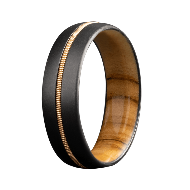 7mm Zirconium Matte Dome Ring with Bronze Guitar String Inlay and Olive Wood Sleeve – ZWD611:OLV/BGS1-Heavy Stone-Renee Taylor Gallery