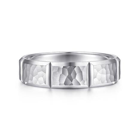 14K White Gold 6mm - Men's Wedding Band with Hammered Stations - MBM0175-60W4JJJ-Gabriel & Co.-Renee Taylor Gallery
