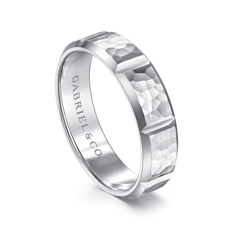 14K White Gold 6mm - Men's Wedding Band with Hammered Stations - MBM0175-60W4JJJ-Gabriel & Co.-Renee Taylor Gallery