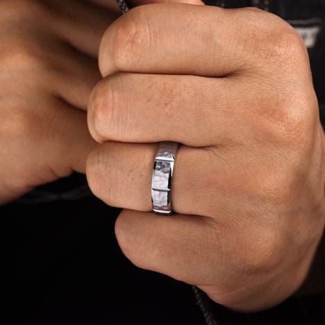 14K White Gold 6mm - Men's Wedding Band with Hammered Stations - MBM0175-60W4JJJ-Gabriel & Co.-Renee Taylor Gallery
