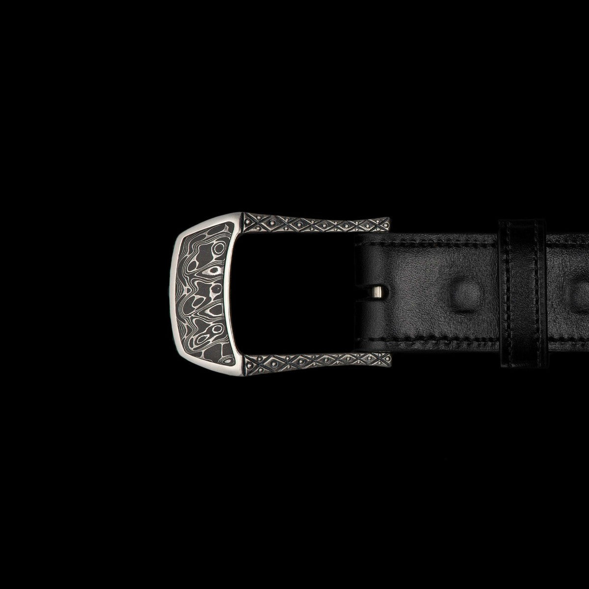 men's dress belt unique buckle minimalist square sculptural titanium 32mm William Henry | Buckle 3 Damascus Belt Buckle