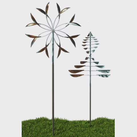 Grouping: Double Spinner X-Large with Sail Large in copper - Lyman Whitaker wind sculptures