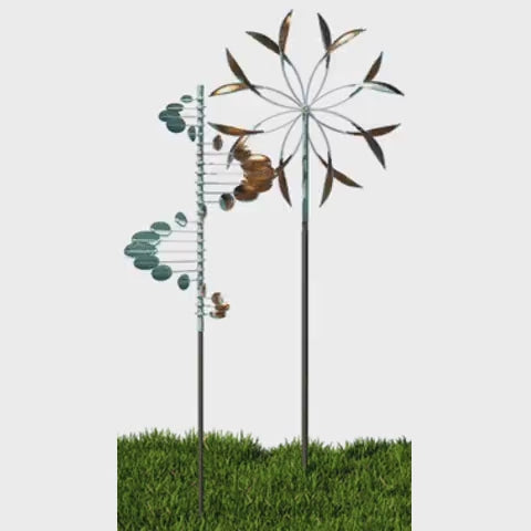 Grouping: Double Spinner X-Large with Single Helix Oval Large in copper - Lyman Whitaker wind sculptures