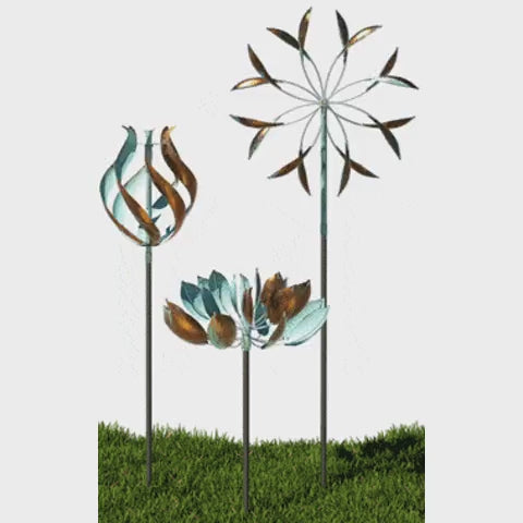 Grouping: Tulip, Lotus Large and Double Spinner Large in copper - Lyman Whitaker wind sculptures