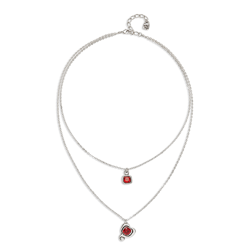 Sterling Silver Plated Pendant with Double Chain and Hearts with Red Crystal - COL2002ROJMTL0U-UNO de 50-Renee Taylor Gallery