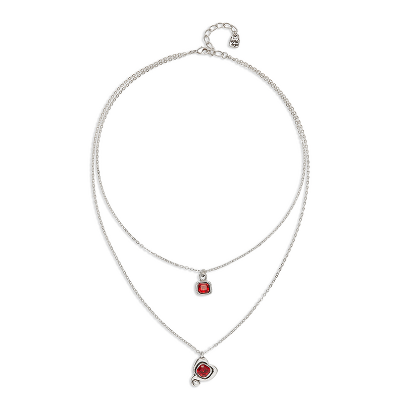 Sterling Silver Plated Pendant with Double Chain and Hearts with Red Crystal - COL2002ROJMTL0U-UNO de 50-Renee Taylor Gallery