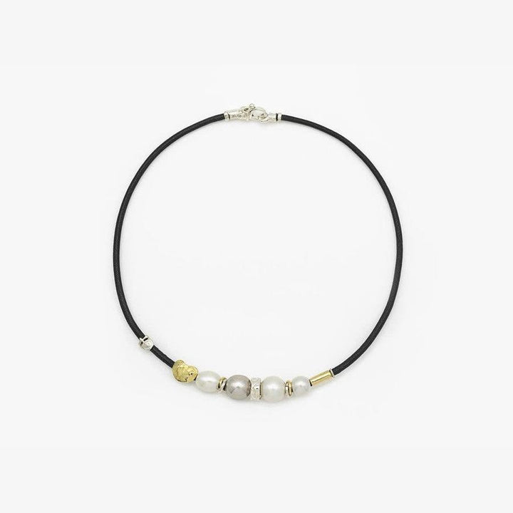 3mm Leather Necklace with Handmade Gold Elements, Freshwater Pearls, and Silver - C2148-Misani Milano-Renee Taylor Gallery