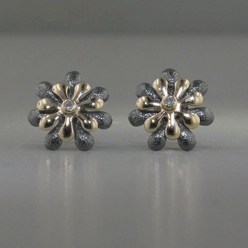 14k Gold, Blackened Silver & Diamond Stud Earrings - 184BGD+Y-YBS-Leon Israel Designs-Renee Taylor Gallery