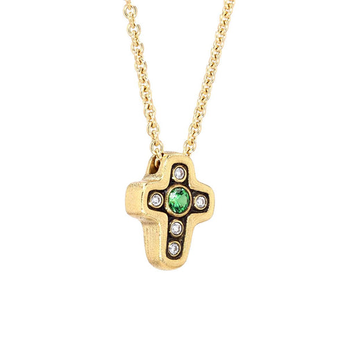 18K Cross Tsavorite & Diamond Pendant & Chain - M-18 Green-Alex Sepkus-Renee Taylor Gallery