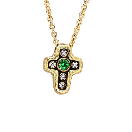 18K Cross Tsavorite & Diamond Pendant & Chain - M-18 Green-Alex Sepkus-Renee Taylor Gallery