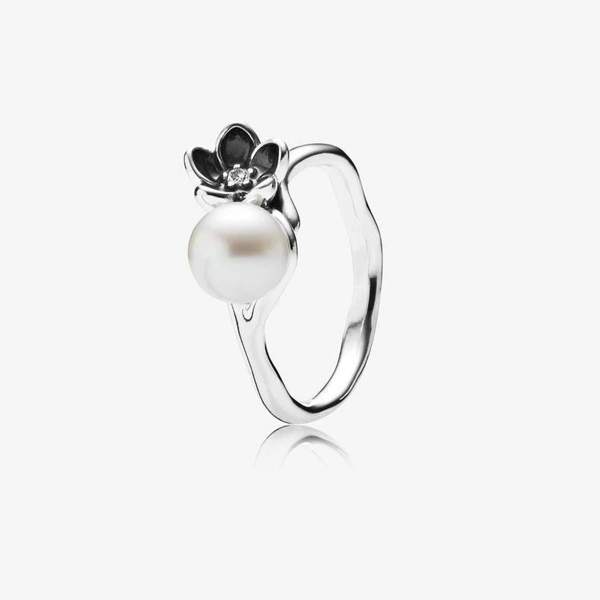 Mystic Floral White Pearl, Clear Cubic Zirconia & Black