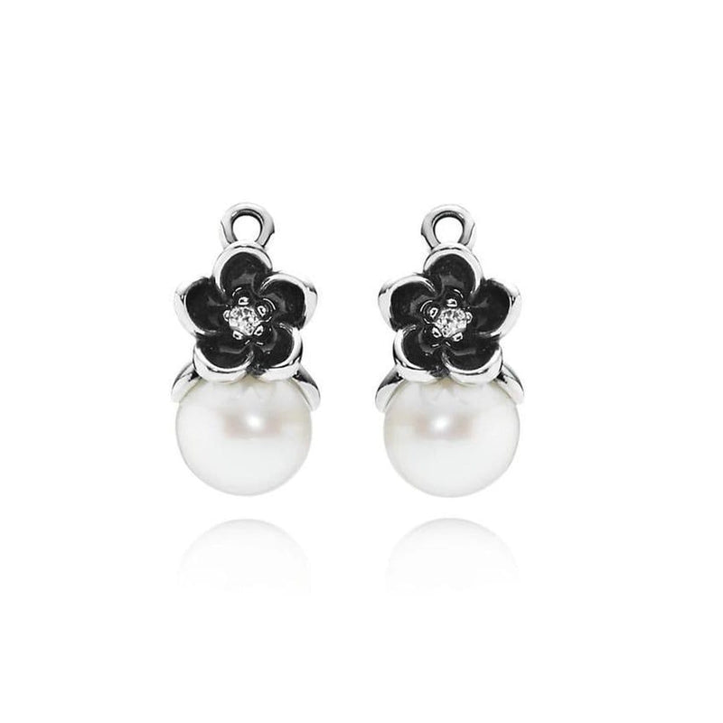Charm Mystic Floral White Pearl Clear Cubic Zirconia & Black Enamel Earring Jacket - 290684P-Pandora-Renee Taylor Gallery
