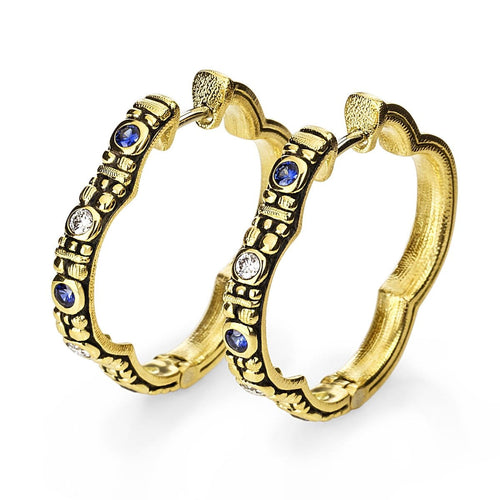 18K Quatrefoil Sapphire Diamond Huggie Earrings - E-233DS-Alex Sepkus-Renee Taylor Gallery