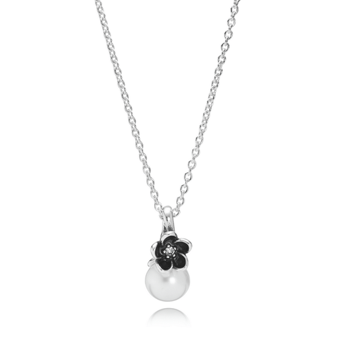 Mystic Floral, White Pear, Cubic Zirconia & Black Enamel Necklace - 390363P-45-Pandora-Renee Taylor Gallery