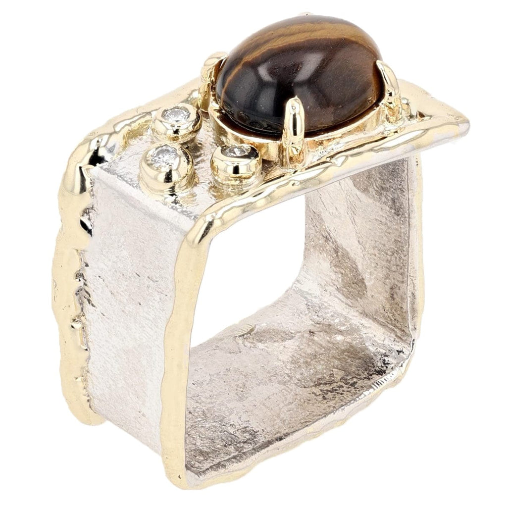 14K Gold & Crystalline Silver Tiger's Eye & Diamond Ring - 9880-Charles Duncan-Renee Taylor Gallery