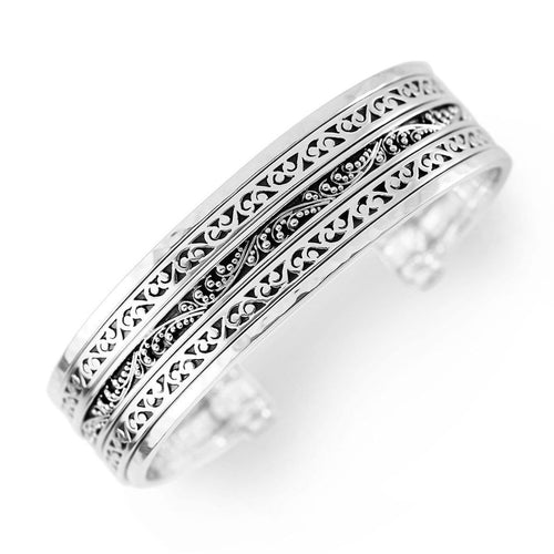 Sterling Silver Classic Carved Scroll & Granulated Stacked Cuff - BB6715-00347-Lois Hill-Renee Taylor Gallery