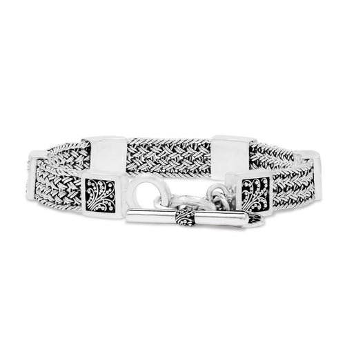 Sterling Silver Classic Small Textile Weave Bracelet with Square Granulated Stations - BP8187-00548-Lois Hill-Renee Taylor Gallery